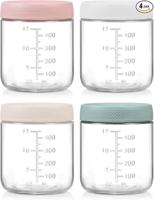 POIKSHARK 4-Pack Overnight Oats Containers with Lids,16 OZ Wide Mouth Glass Jars with Airtight Lids, Mason Jars Glass Food Containers for Snack Spice Sugar Food Prep Yogurt