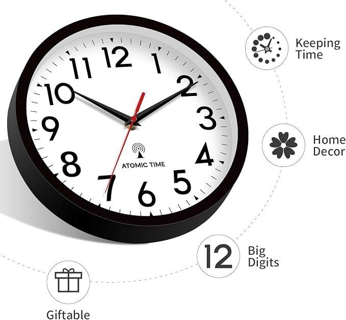DAXSMY Atomic Wall Clock Analog 14 Inch Battery Operated Modern Decorative for Living Room Kitchen Office Bedroom Bathroom(Black)