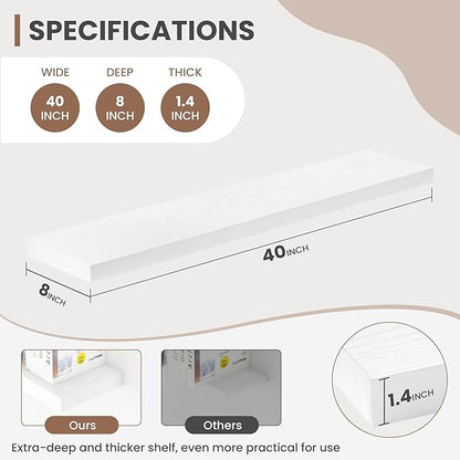 Acovy 40 Inch Floating Shelves, 8 Inch Deep Floating Shelves for Wall, Hanging Shelf with Invisible Brackets, Deep Shelves for Bathroom, Bedroom, Living Room, White, Set of 2