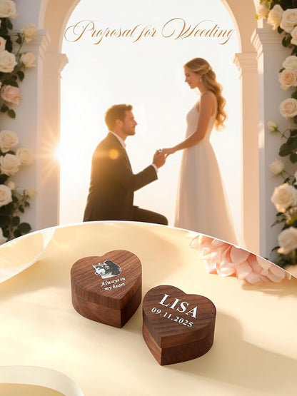 Custom4U Personalized Photo Wooden Ring Box Wedding Day Engagement Ring Holder with Name Vintage Ring Bearer Box for Ceremony Proposal Jewelry Gifts