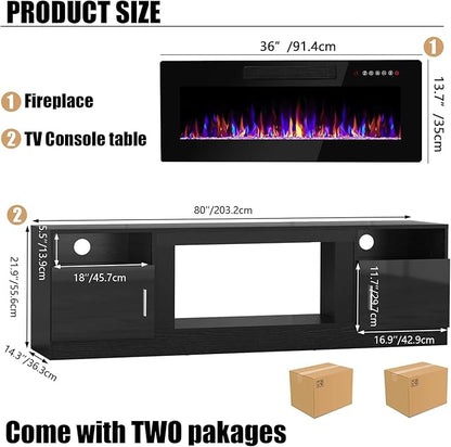 VITESSE TV Stand with 36" inch Electric Fireplace Up to 90" TVs, LED Light Entertainment Center, 80" Modern Wood High Gloss Fireplace with Highlight Storage Cabinet for Living Room (Black)