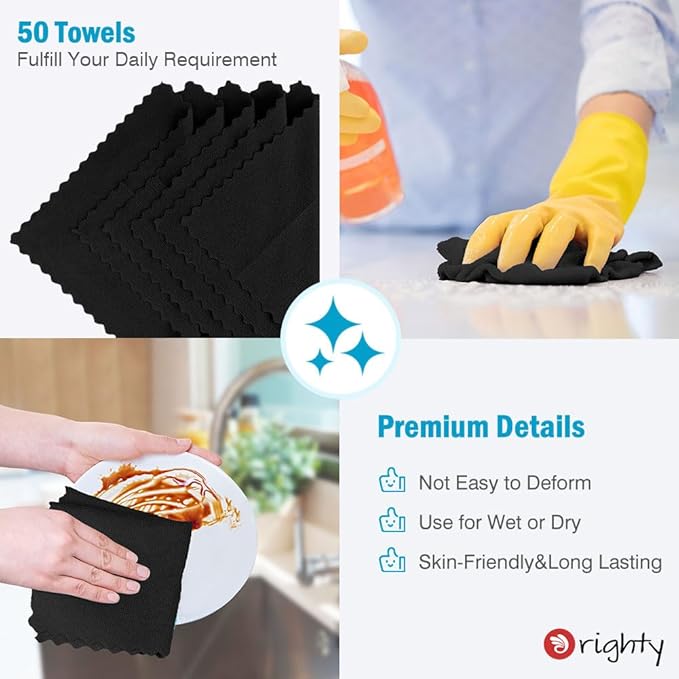 Orighty Microfiber Cleaning Cloth Bulk, 50 Pack Shop Towels, Reusable Cleaning Rags, Lint Free Microfiber Towels for Cars, Home & Kitchen, 12x12 Inch, Black