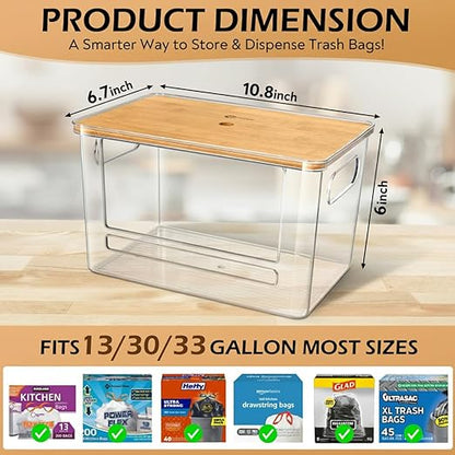 Stackable Trash Bag Dispenser with Wooden Top for Holding 13 to 33 Gallon Large Bag Sizes – Medium Size Garbage Bag Holder with Anti-Slip Base, Trash Bag Dispenser Under Sink (10.8"x6.7"x6" inches)