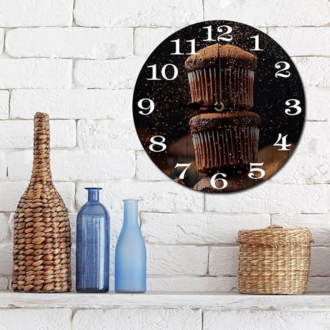 Chocolate Cake Wall Clock 10 Inch Wooden Battery Operated Autumn Forest Maple Leaves Wall Clocks Decorative Indoor,Decorative for Kitchen Bathroom Bedroom