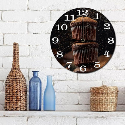 Chocolate Cake Wall Clock 10 Inch Wooden Battery Operated Autumn Forest Maple Leaves Wall Clocks Decorative Indoor,Decorative for Kitchen Bathroom Bedroom