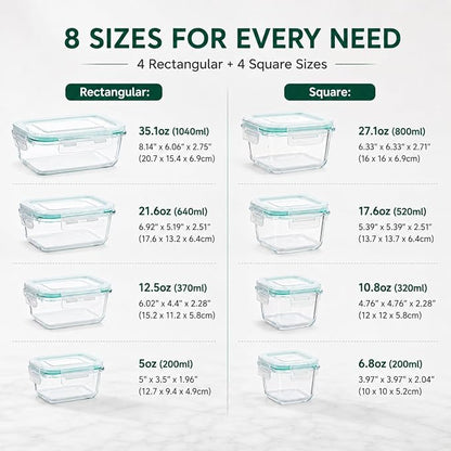Peaktet 8 Pack Glass Food Storage Containers with Lids, Airtight Meal Prep Containers Set, Leakproof Glass Lunch Containers, BPA-Free Locking Lids, Oven Microwave Freezer Dishwasher Safe