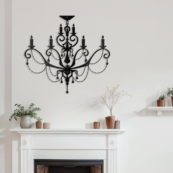 SIGNLEADER Metal Wall Decor Chandelier with Ornate Candle Motif Minimalist Modern Abstract Wall Sculpture Hangings Home Decoration for Living Room, Bedroom, Bathroom, Kitchen, Outdoor - 36" Black