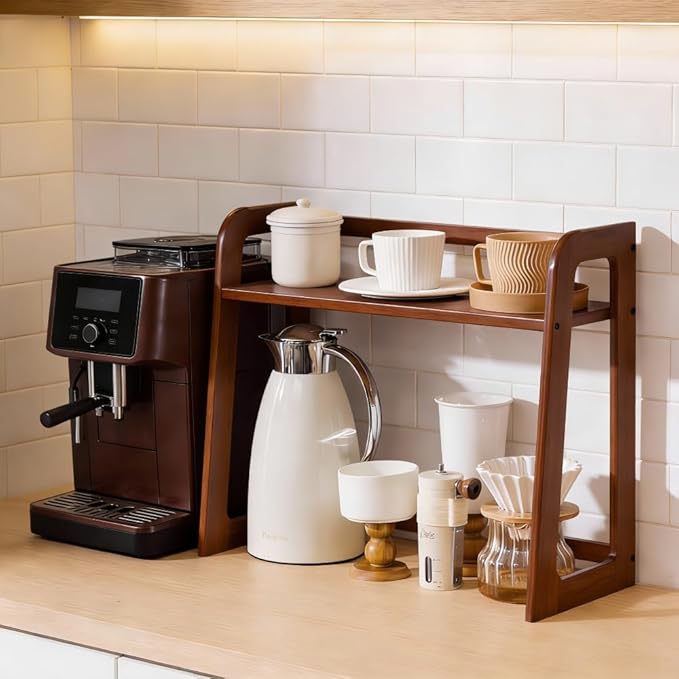 Natural Bamboo Coffee Station Organizer, 2-Tier Wooden Kitchen Counter Shelf for Bar Accessories, Multi-Functional Countertop Storage Rack for Syrup Bottles & Coffee Essentials (Dark Brown)