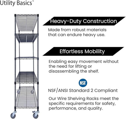 Utility Basics NSF Commercial 5-Tier Wire Shelving with Wheels, 60"x18"x72" Heavy Duty Metal Shelves 4000 lbs Max Capacity, Black Storage Rack for Garage Kitchen Pantry Warehouse