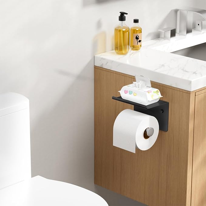 FORIOUS Toilet Paper Holder with Shelf, Adhesive or Screw Wall Mount Toilet Paper Roll Holder for Bathroom, Rustproof 304 Tissue Dispenser with Phone Shelf (1, Matte Black & Brushed Nickel)