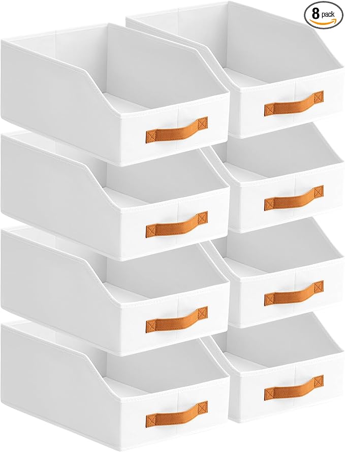 Homsorout Fabric Storage Bins for Organizing - 8 Pack Large Trapezoid Collapsible Storage Bins with Front Handle, Closet Organizers and Storage for Bedroom, Home Shelves, Small Spaces, White