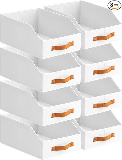 Homsorout Fabric Storage Bins for Organizing - 8 Pack Large Trapezoid Collapsible Storage Bins with Front Handle, Closet Organizers and Storage for Bedroom, Home Shelves, Small Spaces, White