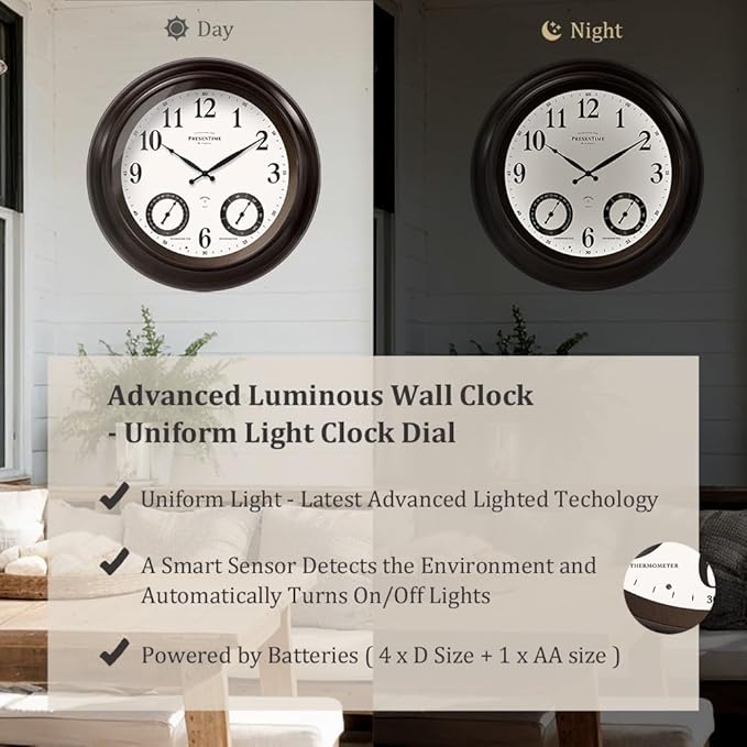 PresenTime & Co 24" Jameson Illuminated In/Outdoor Clock, Modern Farmhouse, Self-Illuminated, Waterproof, Weather Station (Thermometer & Hygrometer), Metal Clock, Oil Rubbed Bronze Finish(Night Light)
