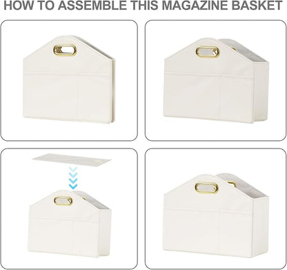 Magazine Holder PU Leather Magazine Rack Floor foldable Magazine Basket Organizer Newspaper Storage Bin Document File Holder for Home Office - white