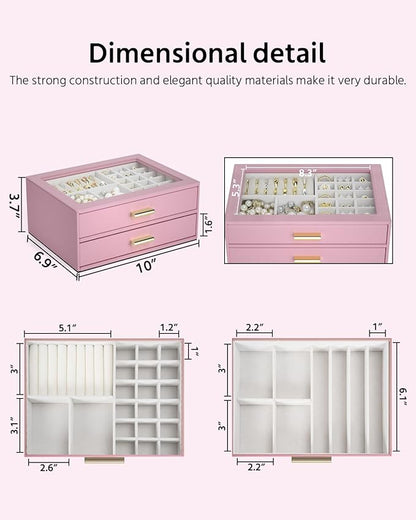 AKOZLIN Jewelry Box with Clear Lid Functional Leather Jewelry Storage Organizer Case 2 Drawers for Women Girls Necklace Ring Bracelet Earring