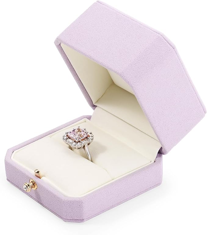 Purple Octagonal Jewelry Ring Box Gift Microfiber Engagement Proposal Ring Box