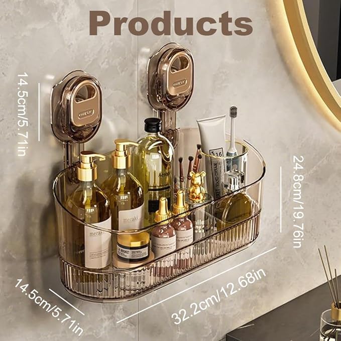 No-Drill Bathroom Suction Storage Box, 2025 New Heavy Duty Shower Caddy Hanging, Clear Acrylic Bathroom Suction Cup Shower Shelf for Family (Gold)