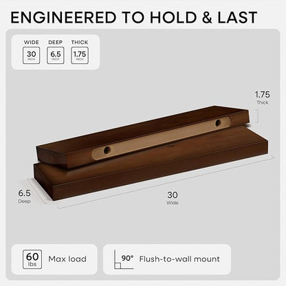 Homeforia 30inch Walnut Floating Shelves for Wall Mounted, High End Solid Real Wood 30 in Floating Shelf, Dark Brown Wooden 30 inch Long Floating Shelves, Heavy Duty Bracket, 30 X 6.5 X 1.75, Set of 2