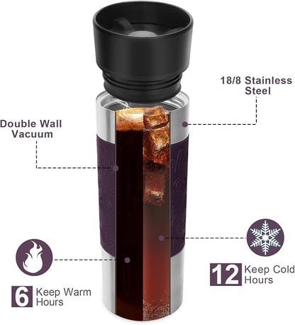 Travel Coffee Mug with 360°Lid, Travel Coffee Tumbler 16 oz Leak Proof, Stainless Steel Insulated Travel Mugs for Hot and Cold Spill Proof Leak Proof (Purple)