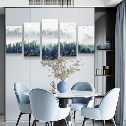 Canvas Wall Art For Living Room Wall Decorations For Bedroom Modern Office Wall Decor Foggy Forest Trees Landscape Paintings Stretched And Framed Ready To Pictures Home Decor 5 Piece Set W60”x H30”