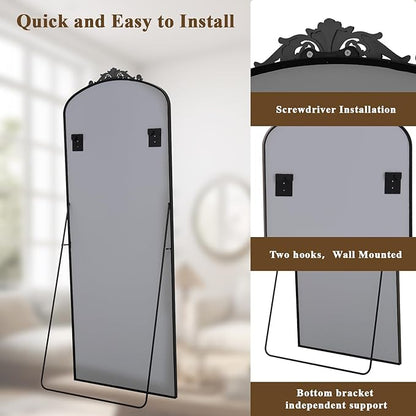 BEAUTYPEAK 65"x24" Arch Mirror Full Length, Traditional Vintage Ornate Baroque Mirror with Bottom Corner Pattern, Hanging or Leaning for Entryway/Bathroom/Fireplace/Bathroom, Black