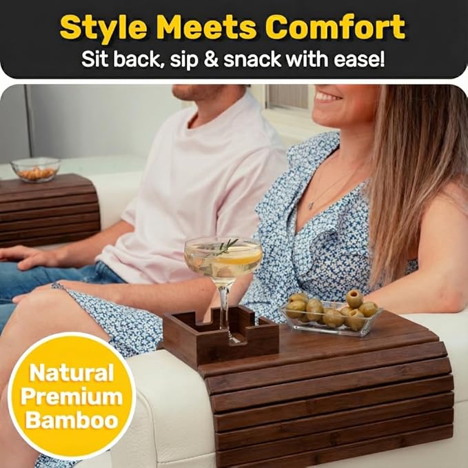 FUN FOREST Bamboo Couch Holder - Non-Slip Furniture Protector, Sofa Armrest Table for Mugs & Tumblers – Weighted 16” Large Brown Bamboo Holder for Recliners and Loveseats