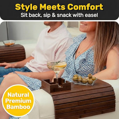 FUN FOREST Bamboo Couch Holder - Non-Slip Furniture Protector, Sofa Armrest Table for Mugs & Tumblers – Weighted 16” Large Brown Bamboo Holder for Recliners and Loveseats