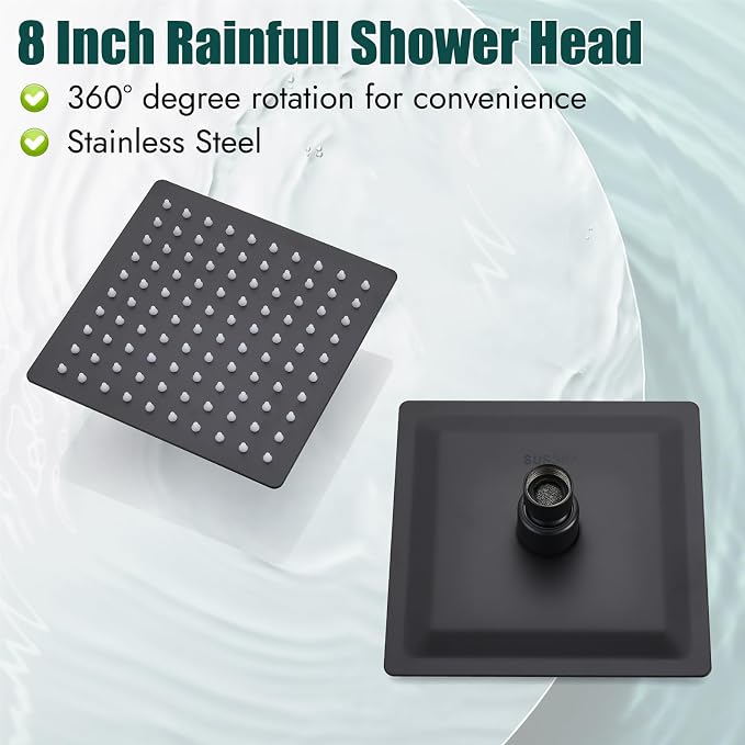 Heyalan Shower Faucet Set with Valve, Bathroom Rainfall Shower System, Wall Mount Single Handle Shower Trim Kit, Rainfall Fixed Shower Head, 8 Inch Square Shower Head, Matte Black