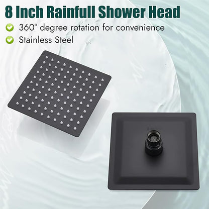 Heyalan Shower Faucet Set with Valve, Bathroom Rainfall Shower System, Wall Mount Single Handle Shower Trim Kit, Rainfall Fixed Shower Head, 8 Inch Square Shower Head, Matte Black