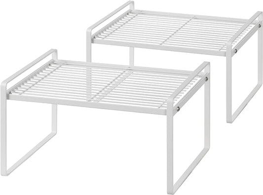Shantton 2Pack Kitchen Cabinet Shelf Counter Organizer Rack Pantry Storage Bathroom Bedroom Office Table Desk Space Saving Stackable Rust Resistant Non Slip White Wide L13.1in W10.6in H7.3in