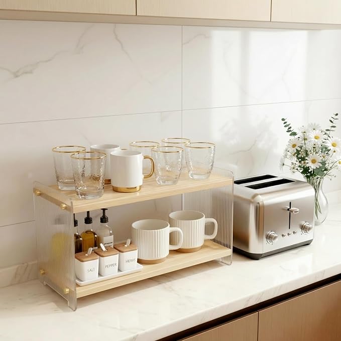 Coffee Station Organizer 2 Tier, Solid Wood Mug Shelffor Coffee Bar,Matcha Station,Tea Storage - Holds Mugs,Beans,Syrup,Cups,Tirrers (Solid Pine Wood Color, 15.4" L x 5.7" W x 8.2" H)