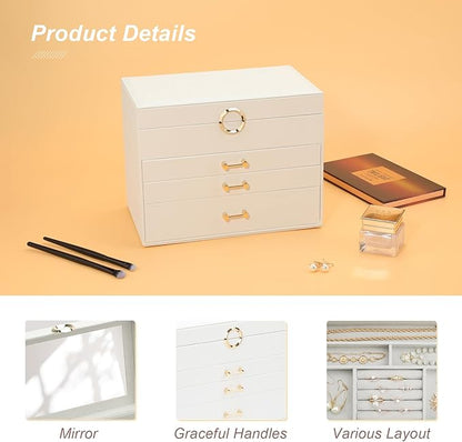 Jewelry Box with Mirror，Jewelry Holder Organize with 3 Drawer，4-Layer Jewelry Box for Women Girls，Large Jewelry Storage Box. (White