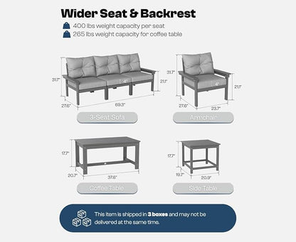 HDPE Outdoor Patio Furniture Set, 10-Piece Patio Conversation Set with 3-Seat Sofa, 4 Armchairs, 2 Side Tables & 1 Coffee Table, All-Weather Outdoor Sofa Set for Deck, Porch, Garden (Grey Frame)