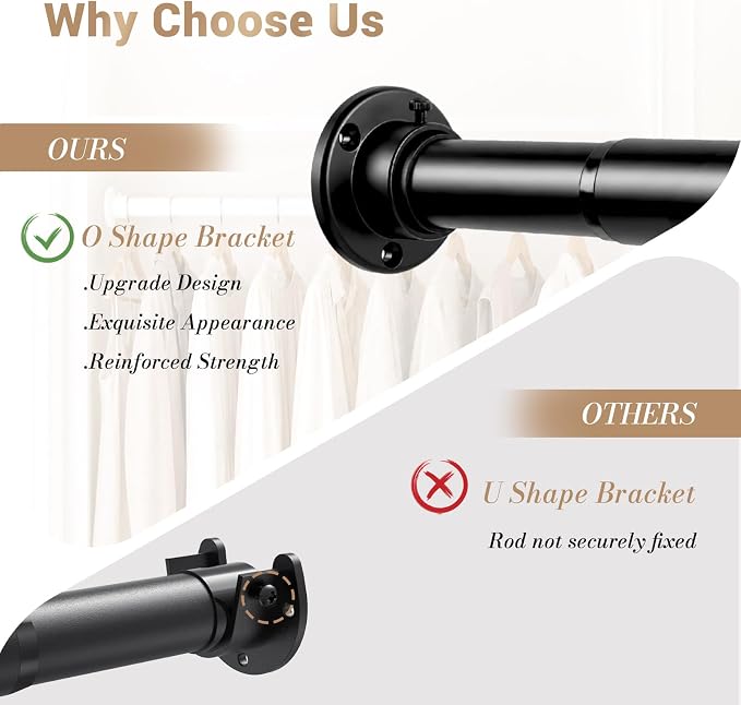 Closet Rod Adjustable 17 to 38 Inch, 1-1/4” Diameter, Closet Rods for Hanging Clothes, Stepless Metal Heavy Duty Hanging Rod for Closet Wardrobes Laundry RV (Black)