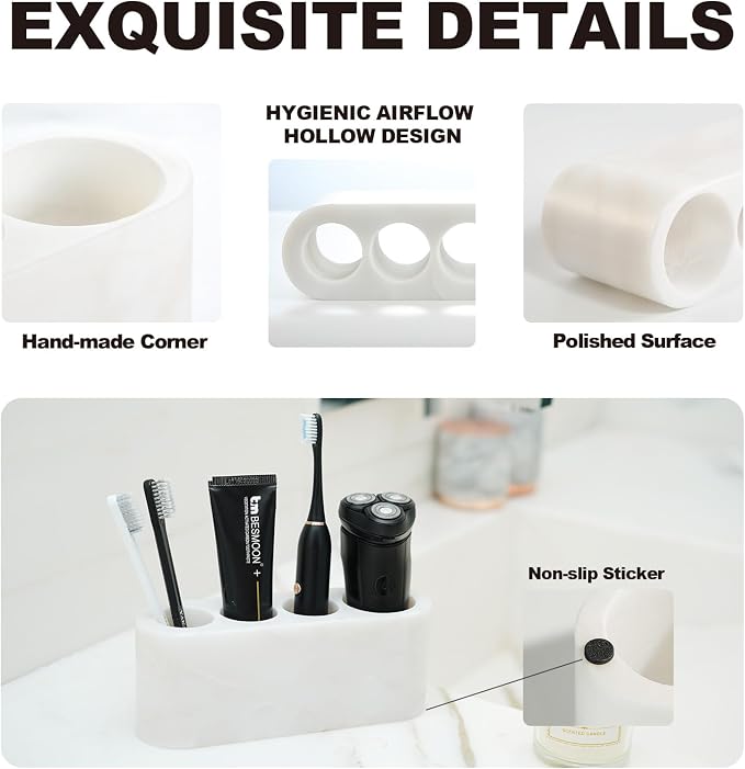 BCS Toothbrush Holder for Bathrooms, 4 Slots Marble Toothbrush and Toothpaste Holder Stand Bathroom Organizer Countertop for Electric Toothbrush, Floss, Razor, Comb - Karibib Ice