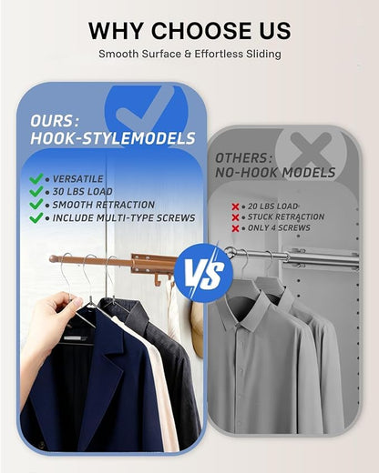 12 inch Valet Rod for Closet Pull Out, Closet Valet Rod Slide Out Pull Out Clothes Hanger With 4 Hooks Closet Organization and Storage (Brown gold)