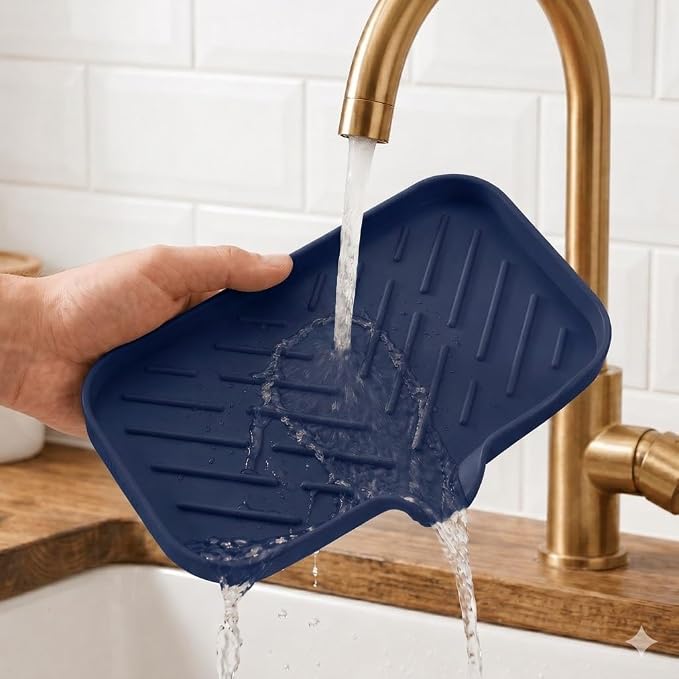 MicoYang Silicone Soap Dish with Drain Spout — Self-Draining Sink Organizer Tray for Bathroom & Kitchen, Sponges, Dispensers & Soap Holder, Non-Slip & Dishwasher Safe, Navy Blue (Medium, 9.6"×5.3")