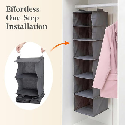 Lifewit 6 Tier Hanging Closet Organizer and Storage for Shelves, 1 Pack Foldable Clothes Shelf with 2 Sturdy Hooks, Sweater/Coat/Shoes Clothing Organization for Wardrobe, Dorm, Bedroom, Gray
