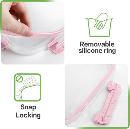 HOMBERKING 4 Pieces 63oz/8cup Large Glass Food Storage Containers with Lids, Meal Prep Containers, Airtight Bento Boxes with Leak Proof Locking (2 Containers + 2 Lids), Microwave, Oven Safe-Pink
