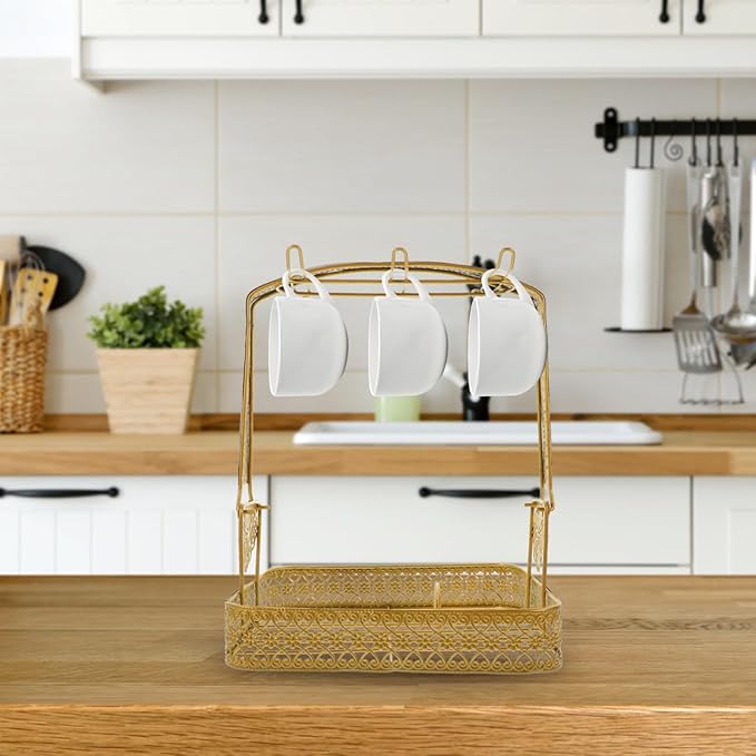 UPKOCH Coffee Mug Holder 6-Tier Metal Cup Stand with Drip Tray 11.14X8.85X7.28In for Kitchen Countertop Storage Organizer Rack for Coffee Cups and Tea Mugs