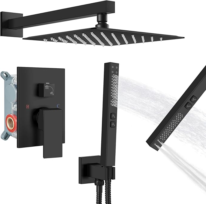 Shower Faucet Set Rainfall Shower System with Square Showerhead and Handle Set Fixture with 2 in 1 Function Handheld Sprayer Wall Mounted Trim Repair Kit Rough-in Valve 10 Inch Matte Black