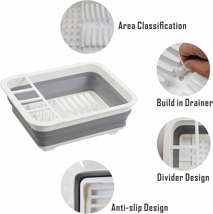 Collapsible Dish Drying Rack, Foldable Dinnerware Drainer Organizer for Storage Kitchen Counter RV Accessories Portable Rack Holders for Dishes Plates and Cups Camping Travelling Space Saver Essential