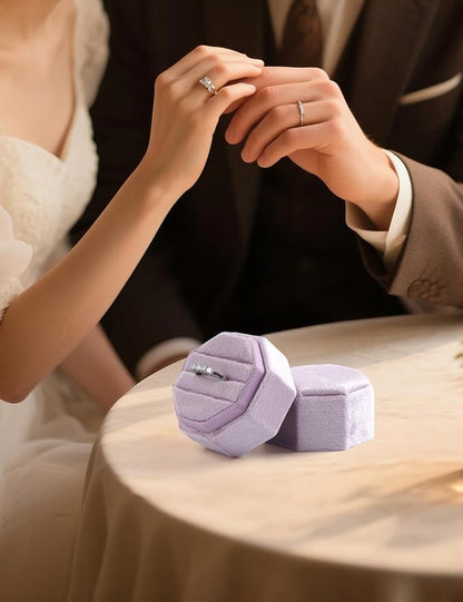 Velvet Ring Box, 3 Slots Wedding Ring Box, Vintage Octagon Premium Jewelry Display Holder Gift Box with Detachable Lid for Engagement Wedding Box Keepsake Box Bridal Photo