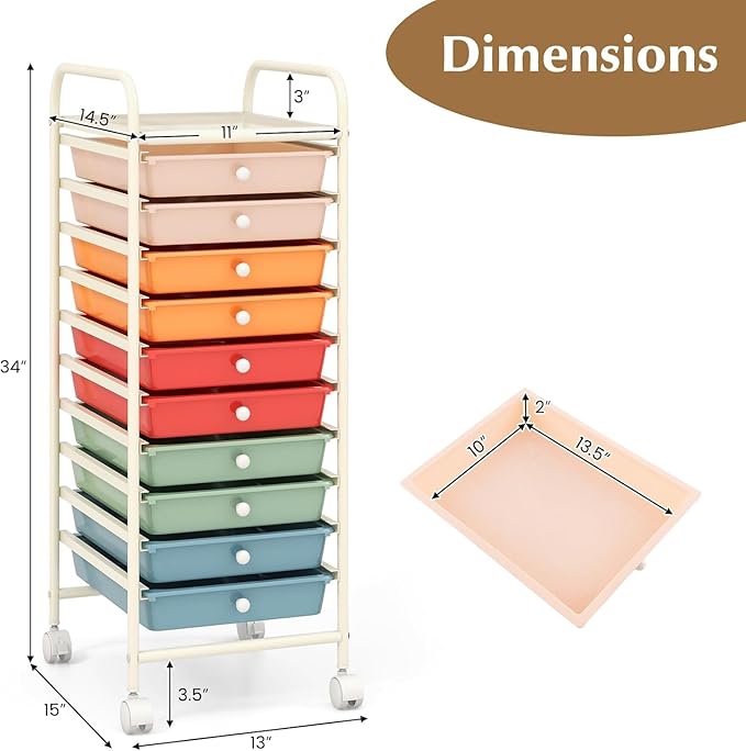 OFFICEJOY Storage Cart, Rolling Utility Cart with 10 Drawers, Portable Handles & Lockable Wheels, Mobile Paper Toys Storage Organizer Large Capacity for Home Office School Teacher (Macaron)