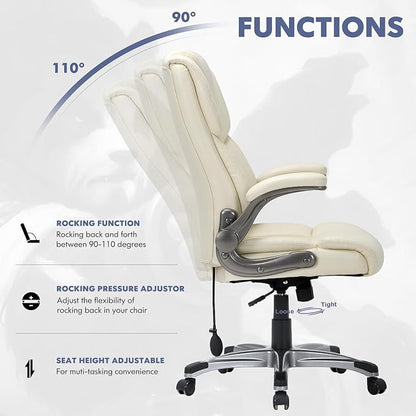 COLAMY High Back Executive Office Chair- Ergonomic Home Computer Desk Leather Chair with Padded Flip-up Arms, Adjustable Tilt Lock, Swivel Rolling Chair for Adult Working Study-Ivory