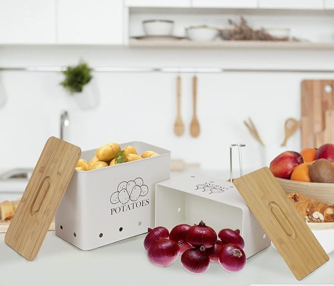 Potato and Onion Storage Bin Set of 2, Vented Metal Vegetable Storage with Wooden Lids, Farmhouse Kitchen Canisters for Countertop Pantry Organizer, Potato Bin Onion Holder for Produce Storage, White