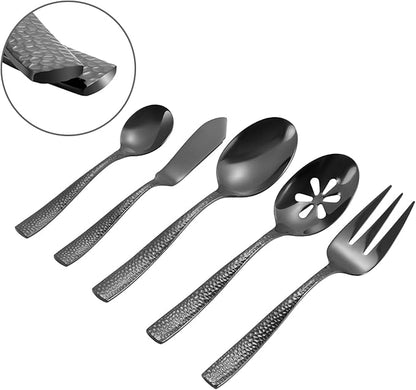 Kelenfer Stainless Steel Silverware Serving Set Hammered Black Mirror Finished 5 Piece Serving Utensil Set Flatware Set