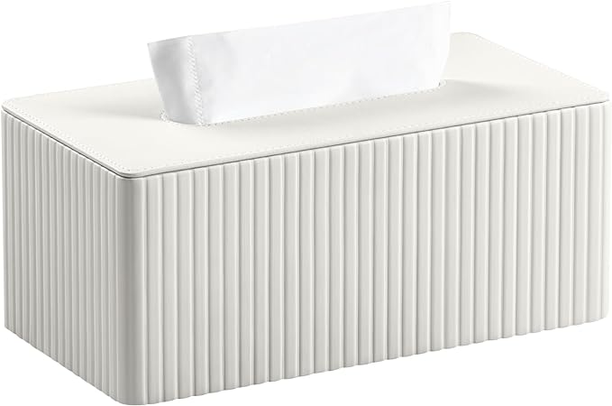 MEIBOOCH PU Leather Tissue Box Cover for 120(3-Ply)/ 160(2-Ply) Count Box of Tissues, Rectangle Tissue Box Holder for Bathroom Bedroom Living Room Office (Ivory Stripe)
