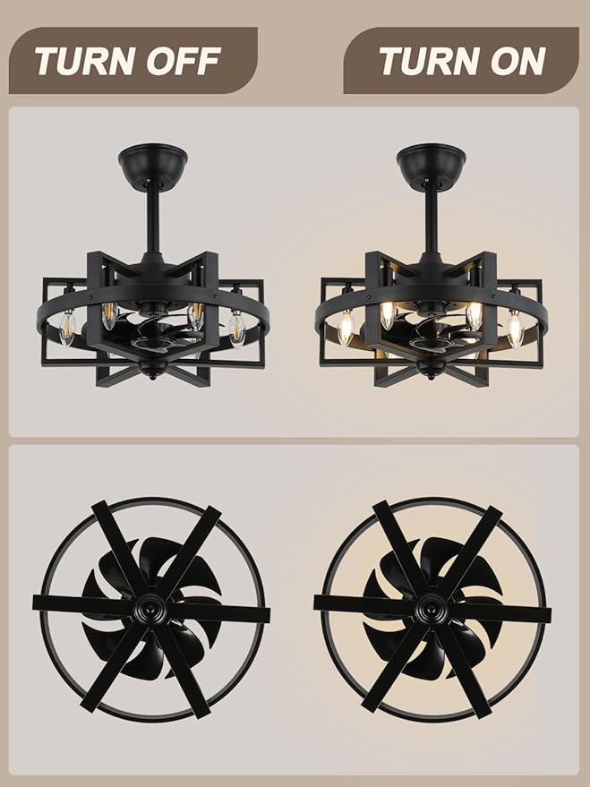 Black Caged Ceiling Fan with Light, 18.5" Modern Ceiling Fan with Lights and Remote, 6-Light Low Profile Ceiling Fans for Bedroom Living Room