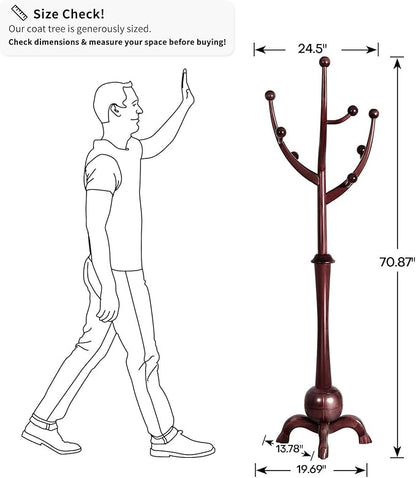Bekrvio Coat Rack Freestanding Wood Tree Rack with 8 Hooks, Creative Design Tree Branch-look, Coat Tree Clothes Hanger Stand with Stable Sphere Base for Entryway, Hallway, Bedroom (Wine Red)